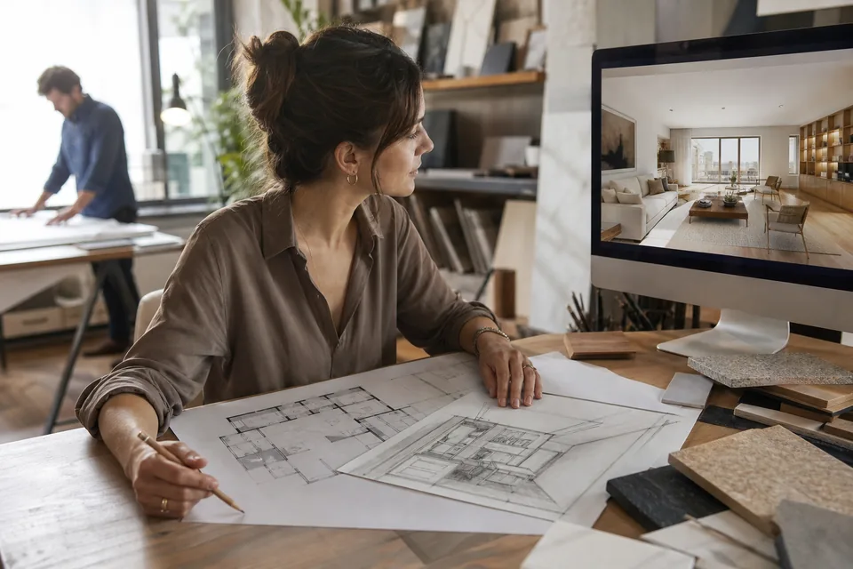 Architektka przy biurku porównuje wydrukowany rzut mieszkania z wizualizacją wnętrza na monitorze