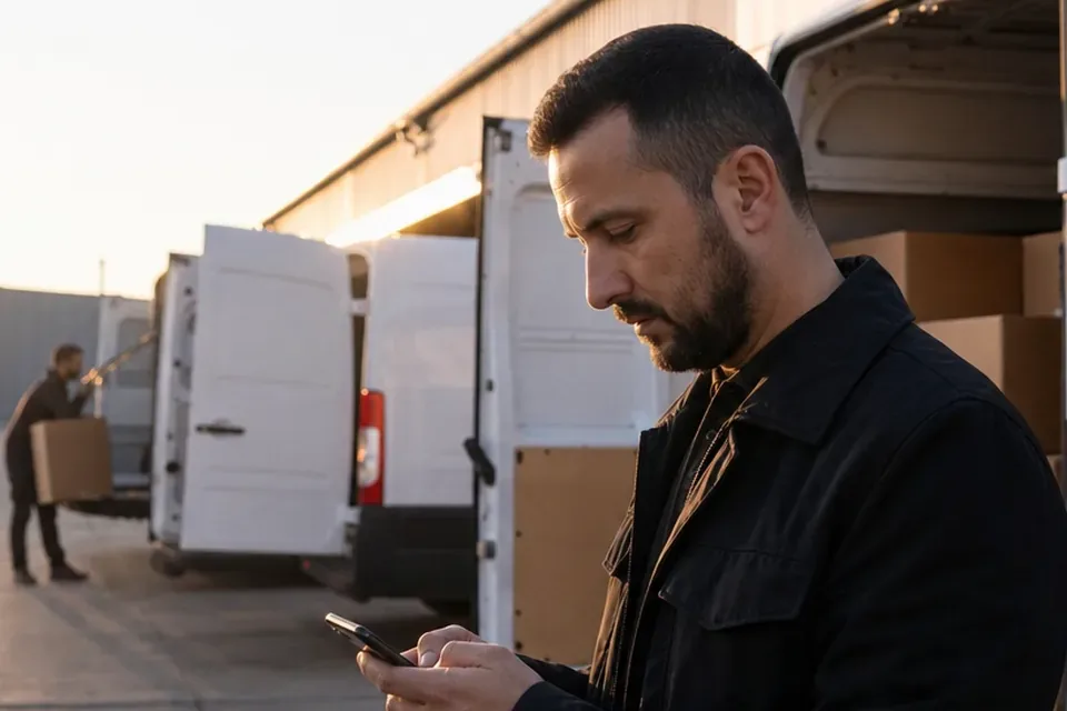 Kierowca sprawdza w telefonie trasę ułożoną przez program przed wyjazdem z bazy